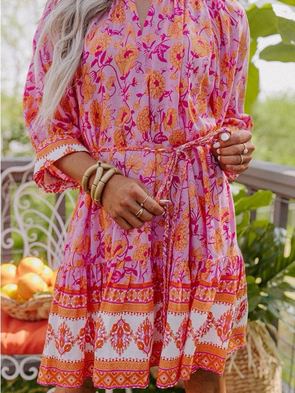 Pink & Orange Floral Tie-Waist Mini Dress